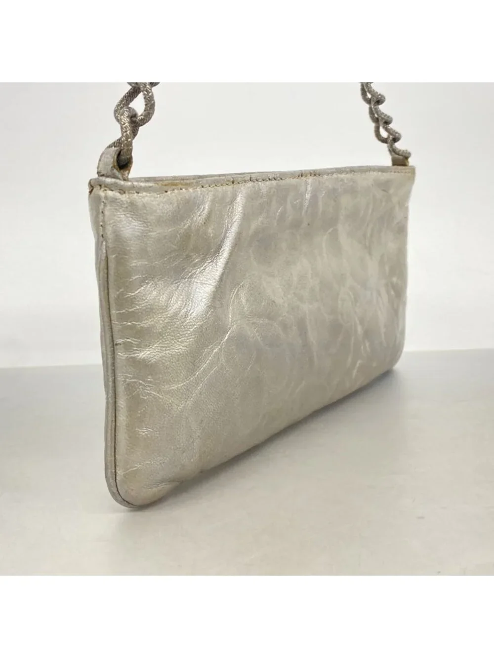 Chanel Pouch Camellia Leather Silver